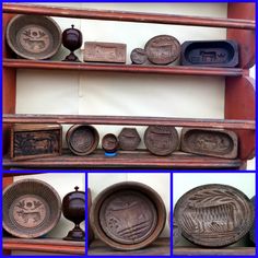 several different types of pottery displayed on wooden shelves