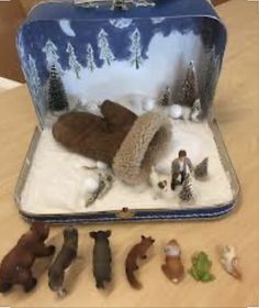 an open suitcase filled with toy animals on top of a table