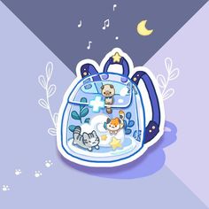 an animal themed backpack with musical notes on the front, and cats in the back