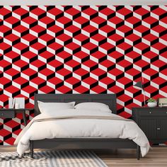 Mation Black Bed with Black Desk and Radio Seaside Wallpaper, Red Accent Wall, Geometric Removable Wallpaper, Tree Wall Murals, Scandinavian Wallpaper, Turquoise Wallpaper, Abstract Wallpaper Design, Art Deco Wallpaper, Turning One