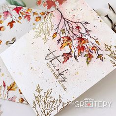 three cards with autumn leaves on them