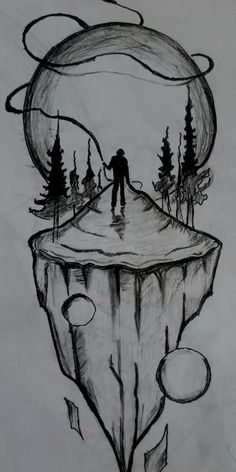 a pencil drawing of a man standing on top of a floating island with trees in the background