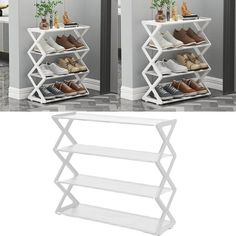 two white shelving shelves with shoes on them