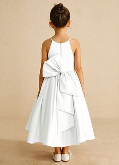 Sunray is a sweet stretch satin flower girl dress that showcases a chic halter neckline. The waist has a thin belt that wraps around to a charming large bow, bringing a playful touch. The gathered A-line skirt completes the look with a light and flowy silhouette for twirling down the aisle. Satin Flower Girl Dresses, Petal Flower Girl Dress, Champagne Flower Girl, Tea Length Flower Girl Dress, Tea Length Tulle, Satin Flower Girl Dress, Pink Flower Girl Dresses, Ivory Flower Girl, Sage Dress