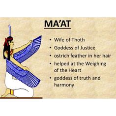 an egyptian woman holding a blue fan with the words maat written below her feet