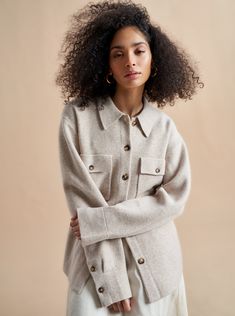 Wool Sweater Coat With Button Cuffs, Oversized Cashmere Wool Coat For Winter, Relaxed Fit Wool Outerwear For Fall, Oversized Wool Outerwear With Concealed Placket, Cashmere Outerwear With Lapel Collar For Fall, Chic Everyday Cashmere Outerwear, Chic Oversized Shacket For Work, Oversized Fall Top With Concealed Placket, Winter Wool Tops With Spread Collar