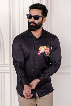 Black full sleeves button down shirt crafted in cotton blend and satin weave base with placement Superstar Puneeth aka Appu hand painted detail. - Aza Fashions Ceremonial Long Sleeve Bandhgala In Art Silk, Black Semi-stitched Bandhgala For Festivals, Sambalpuri Shirt For Men, Black Semi-stitched Long Sleeve Bandhgala, Men Shirts Casual, Paint Shirt, Black Western Button-up Shirt, Paint Shirts, Collar Neck