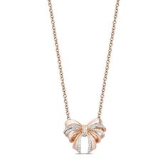 From the Enchanted Disney Fine Jewelry Collection, here is a two-toned bow pendant inspired by Disney's first princess - Snow White. As pure and gentle as her spirit is the vibe exuded by this dainty piece of jewelry. Suspending along a rose gold adjustable chain is a beautiful double-loop bow cinched at the center with a ribbon of diamonds. The necklace is finished with a brilliant buffed luster that can bring a touch of glam to your everyday fashion. Enchanted Disney, Enchanted Disney Fine Jewelry, Disney Fine Jewelry, Designer Diamond Jewellery, Disney Snow White, Bridal Jewelry Collection, Fine Diamond Jewelry, Bow Necklace, Bow Jewelry