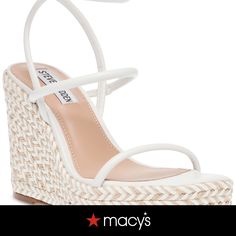 in stock White Straw Wedge Sandals For Beach, White Straw Wedge Sandals With Woven Sole, White Straw Wedge Sandals With Open Toe, White Synthetic Wedge Sandals With Woven Sole, Trendy Straw Wedge Heels, White Straw Sandals For Vacation, Chic White Wedge Sandals For Beach Season, White Straw Sandals For Beach Season, Chic Straw Wedge Sandals With Ankle Strap