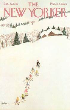 the new yorker magazine cover shows skiers going down a snowy hill with trees and houses in the background