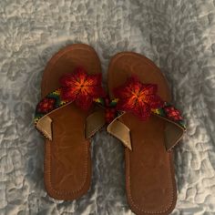 Womens Handmade Embroidered Sandals/Flipflops. New Never Worn. Size 7 Embroidered Sandals, Pink Red, Women's Shoes Sandals, Lady In Red, Flip Flops, Shoes Sandals, Size 7, Women Shoes, Sandals