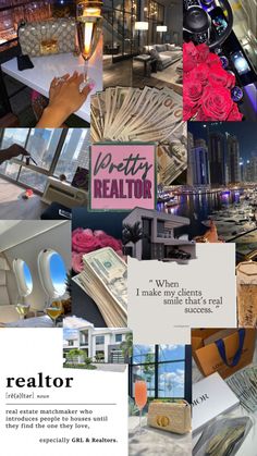 a collage of photos with the words realtor written on them and images of money