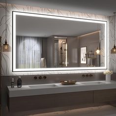 a bathroom with a large mirror and lights on the wall next to it's sink