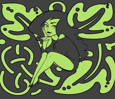 a drawing of a woman sitting on top of a green and black swirly background