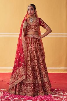 Red attached cancan lehenga with dori, aari, sequin, cutdana embroidery in floral stripe pattern. Paired with sweetheart neck padded blouse and dupatta. - Aza Fashions Red Wedding Sets For Navratri, Red Kundan Wedding Sets, Red Wedding Sets For Diwali, Cutdana Embroidery, Cancan Lehenga, Lehenga And Blouse, Padded Blouse, Red Lehenga, Silk Embroidery