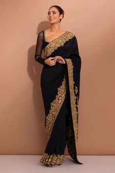 Black chanderi silk saree with zari and sequin embroidery. Comes with an unstitched blouse piece and underskirt. - Aza Fashions Black And Gold Saree, Sarees Black, Saree Gowns, Dhoti Saree, Cotton Sarees Handloom, Zari Saree, Rohit Bal, Chanderi Silk Saree, Set Saree