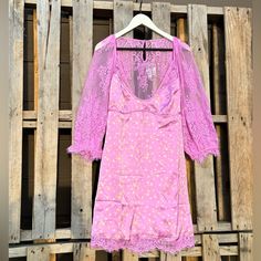 Free People About That Mini Dress Forever Femme In The Size Large. Nwot. Color Is A Pinky Purple With Tan Polka Dots. This Silk A Line Mini Dress Has Scalloped Lace Trim Along The Bottom, A Deep Scoop Neck, Low Scoop Back With Lace Filling In All Of The Way Up The Back Finished With A Keyhole Closure (Extra Replacement Button Included) , Lace 3/4 Sleeves. This Dress Is Very Universal To Dress Up Or Down, Girly Or Edgy. Could Pair Well With Sandals, Sneakers, Knees Highs, Booties, Heels, Anything Purple Mini Dress With Lace Trim, A Line Mini Dress, Scalloped Lace, Free People Dress, Pink Purple, Knee High, Lace Trim, Scoop Neck, Polka Dots