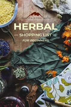 the cover of a book with herbs and other items surrounding it on a wooden table