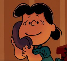 a cartoon character holding a cell phone to his ear and talking on the phone with another person in the background