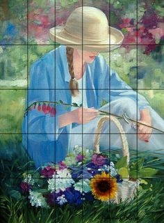 a painting of a woman sitting in the grass with flowers and a basket on her lap