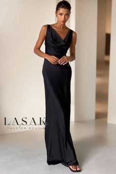 Lasaky - Satin Fishtail Evening Maxi Dress with Cowl Neck Detail Black Mermaid Gown, Backless Dress Black, Elegant Styling, Black Collared Dress, Stylish Maxi Dress, Costume Noir, Long Skirt Fashion, Ice Dresses, Clubbing Outfits