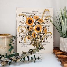 an arrangement of sunflowers is displayed on a shelf next to a vase with plants