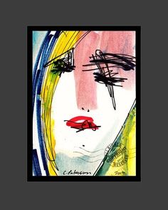 a drawing of a woman's face with red lips