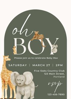 an elephant and giraffe baby shower card with the words oh boy on it