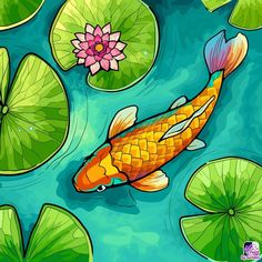 a painting of a koi fish in the water with lily pads and leaves around it