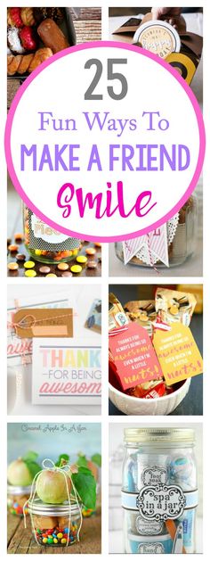 the words 25 fun ways to make a friend smile are shown in this collage