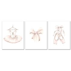 three pictures of ballet shoes and a ballerina's dress hanging on a wall