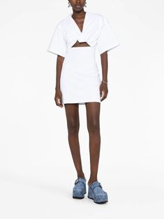 Jacquemus La Robe T-Shirt Bahia cut-out Minidress - Farfetch Travel Outfit, Fashion Designer, Sweat Shirt, Espadrilles, Fashion Branding, Cut Out, Color White, Short Sleeves, Twist