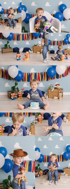 a collage of photos with balloons, cake and other items on the table in front of them