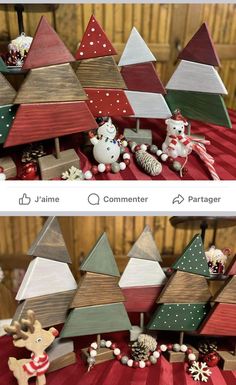 christmas trees made out of wood are on display