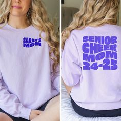 Cheer Mom Sweatshirt - Senior Year! Show your pride for your senior cheerleader with this totally customizable sweatshirt! Front: Retro groovy wavy font featuring your daughter's name.  Back: Groovy retro vibes with the words "Senior Cheer Mom" in wavy text. Want to commemorate the year? We can add a custom graduation year below the text! Details: Soft and cozy unisex sweatshirt - perfect for those chilly competitions! Choose from a variety of sweatshirt colors to create a look that's uniquely y Pre-shrunk Long Sleeve Cheerleading Sweatshirt, Pre-shrunk Long Sleeve Sweatshirt For Cheerleading, Customizable Team Spirit Sweatshirt For Cheerleading, Customizable School Spirit Sweatshirt For Cheerleading, Long Sleeve T-shirt With Team Name For Cheerleading, School Team Name Long Sleeve T-shirt, Varsity Long Sleeve Sweatshirt For Cheerleading, Long Sleeve Tops For Cheerleading With Team Spirit, Custom Print Long Sleeve College T-shirt