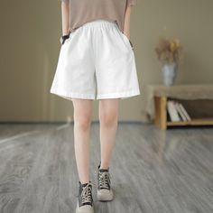 Details: Gender: Women Item Type: Shorts Material: Cotton Season: Summer Pattern: Solid Style: Casual, Loose, Retro Waist Type: Elastic Waist Size: One Size Waist: 64.00 - 100.00 cm/ 25.20 - 39.37 " Length: 44.00 cm/ 17.32 " Hip: 118.00 cm/ 46.46 " Bottom: 65.00 cm/ 25.59 " Boys Necklace, Boys Backpacks, Summer Pattern, Summer Patterns, Black Khakis, Shoe Box, Waist Size, Casual Shorts, Elastic Waist