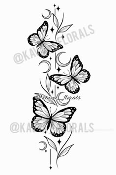 a black and white drawing of three butterflies with stars on the wings, flying in the air