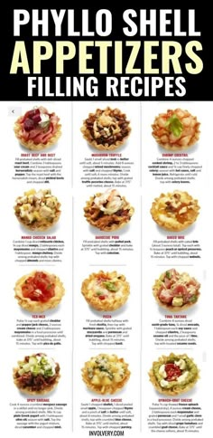 a poster with different types of appetizers on it's sides and the words, phylo shell appetizers filling recipes