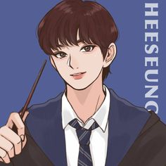 a young man in a suit and tie holding a pen with the words heeseng on it