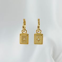 Elegant Hoop Earrings With Star Charm, Tarnish Resistant Rectangular Earrings, Gold Dangling Earrings, Hoco Inspo, Suede Jewelry, Starburst Design, Earrings Luxury, Angel Earrings, Rectangle Earrings