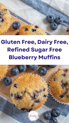 blueberry muffins with text overlay that reads gluten free, dairy free, refried sugar free blueberry muffins