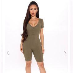 Brand New With Tag Never Worn Fashion Nova Olive Cotton Romper Size Xs Casual High Waist Bodysuit For Loungewear, Casual High Waist Jumpsuits And Rompers For Loungewear, Fitted Jumpsuits And Rompers For Day Out, Fitted Short-length Jumpsuits And Rompers For Day Out, Casual V-neck Bodysuit For Loungewear, Casual Short Length Bodysuit For Night Out, Casual Short Bodysuit For Night Out, Casual Short-length Bodysuit For Night Out, Casual V-neck Bodysuit