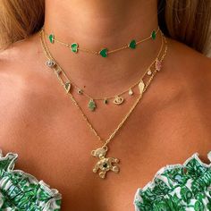 Sometimes your daily pick-me-up is as close as your jewelry box. With a fluttering of kelly green hearts sweetly slung across its choker chain, the Viva Verde gently encourages you to see the brighter side of things. Destined to be the darling of looks that favor bright floral patterns and grounded boho textures. 14k gold plated sterling silver Green enamel hearts 12-15.5 Adjustable in length Can Jewelry, Boho Texture, Green Hearts, Dress Pearl, Metallic Flats, Choker Chain, Gold Heart Necklace, Choker Style, Green Enamel