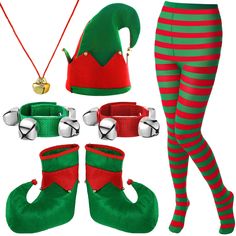 the elf's outfit is green and red with striped stockings, boots, bells, bell ring, christmas tree ornament