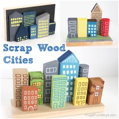 two pictures of wooden city buildings and the words scrap wood cities