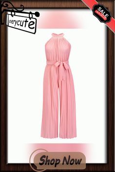 Sexy Haltered Sleeveless Pleated Jumpsuits for Summer Women Jumpsuits New Casual Lace-up Slim Fit Pleated Jumpsuit Solid Sleeveless Bodysuit For Date Night, Sleeveless Bodysuit For Party During Spring, Spring Party Sleeveless Bodysuit, Spring Party Bodysuit Sleeveless, Elegant Sleeveless Bodysuit For Spring, Chic Pink Halter Neck Jumpsuit, Elegant Sleeveless Spring Bodysuit, Sleeveless Pink Party Jumpsuits And Rompers, Chic Sleeveless Pink Bodysuit