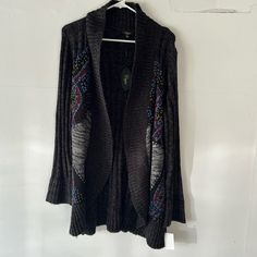 Long Line Open Cardigan With Embroidery Length 32 Inches Embroidered Knit Cardigan For Fall, Black Embroidered Long Sleeve Cardigan, Black Bohemian Knit Cardigan, Black Bohemian Knit Outerwear, Bohemian Black Knit Outerwear, Embroidered Black Cardigan For Fall, Black Embroidered Cardigan For Fall, Casual Embroidered Black Cardigan, Casual Black Embroidered Cardigan