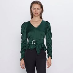 Emerald Green Blouse With Ruched Sleeves And Diamond Belt Ruched V-neck Blouse For Work, Chic Ruched Tops For Work, Fall Evening Blouse With Ruched Details, Fall Evening Ruched Blouse, Green Top For Date Night In Fall, Spring Ruched Workwear Blouse, Spring Workwear Ruched Blouse, Elegant Green Blouse For Date Night, Green V-neck Blouse For Date Night