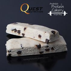 two pieces of ice cream with chocolate chips on top and the words quest nutrition written above it