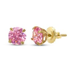 These pretty children's earrings feature round-cut pink cubic zirconia stones in each stud earring. The earrings are fashioned in luxe 14K yellow gold and safely secure with screw backs. Pink Brilliant Cut Round Earrings, Pink Round Birthstone Earrings, Pink Round Brilliant Cut Earrings, Pink Birthstone Round Earrings, Classic Pink Round Cut Earrings, Pink Prong Set Round Earrings, Pink Round Earrings With Prong Setting, Creative Earrings, Pink Stud Earrings